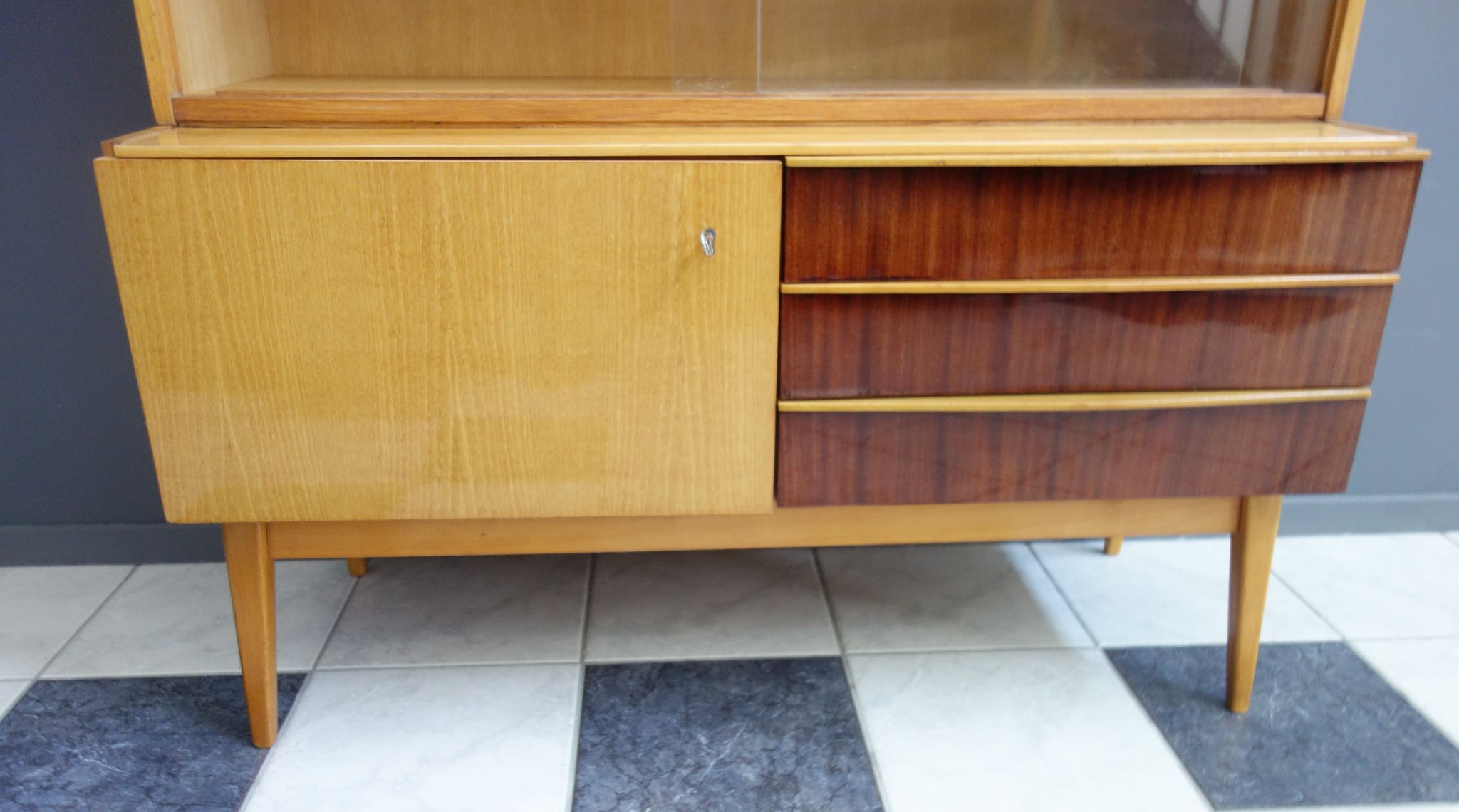 Highboard in two-tone wood with showcase part 1960s by Jitona Czech republic