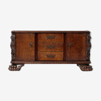 Hand carved 19th century Burr Walnut Sideboard cabinet with big Lion claw / paw feet.