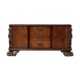 Hand carved 19th century Burr Walnut Sideboard cabinet with big Lion claw / paw feet.