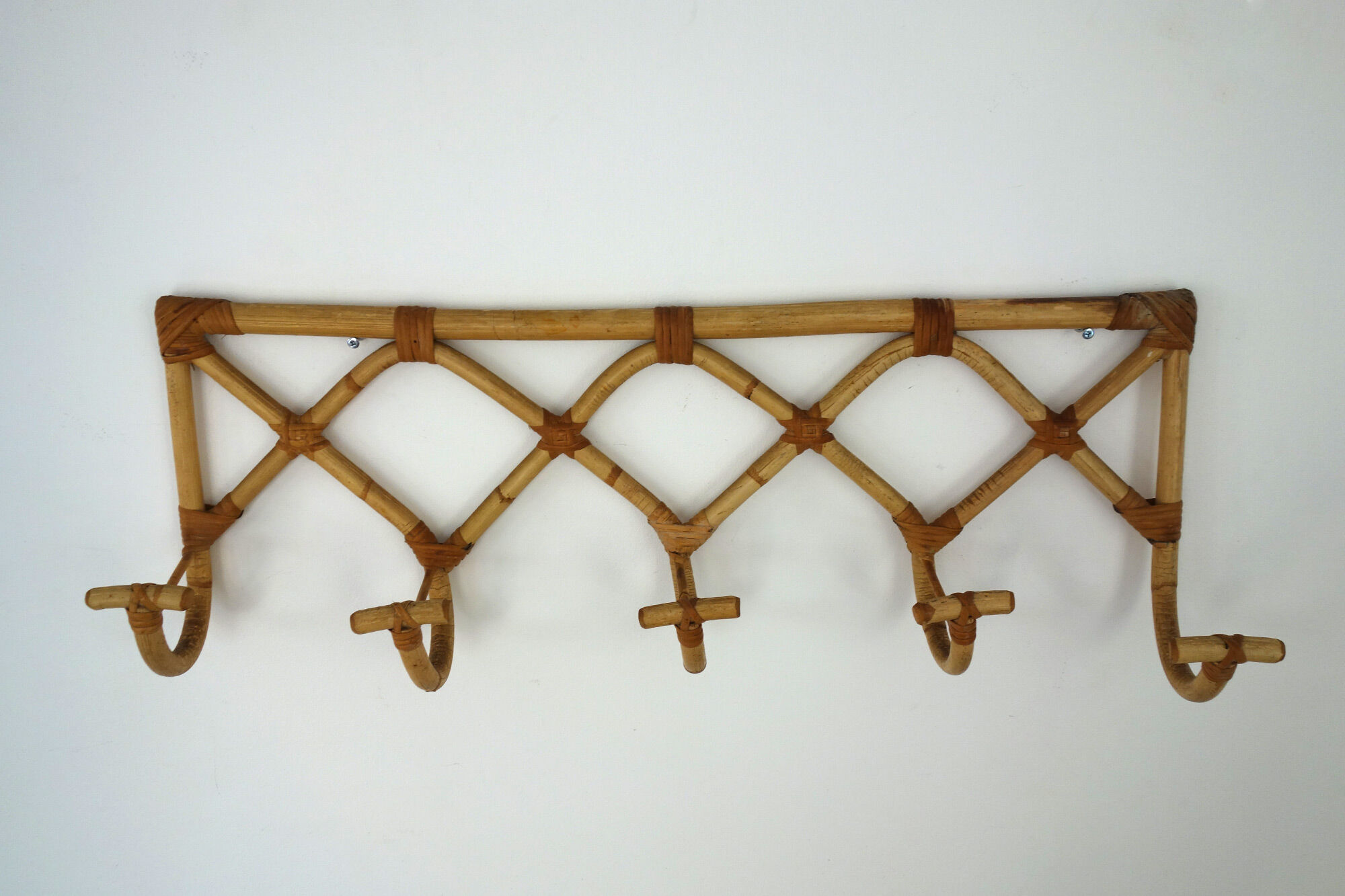 Vintage rattan coat rack 5 hooks 50s