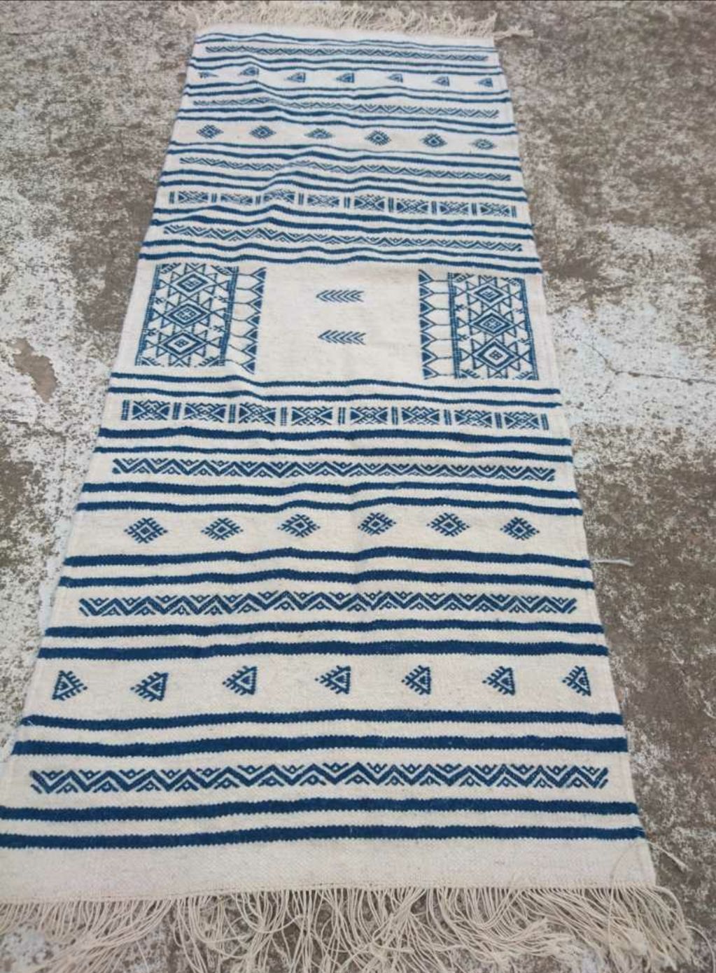 Kilim blue and white corridor in pure wool 70x180cm