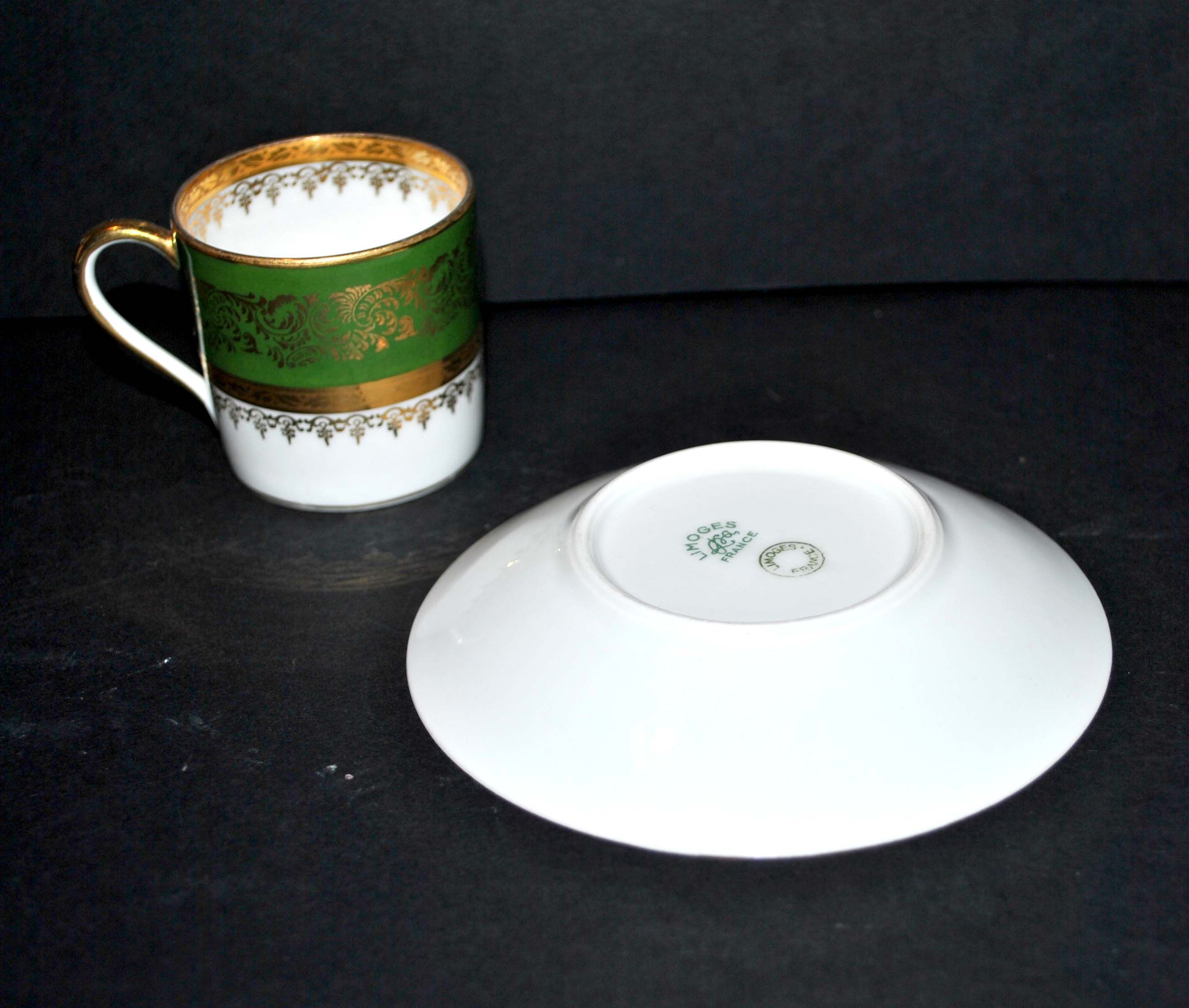 Antique Limoges porcelain litron cup - green décor and golden frieze