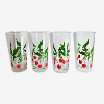 Set of 4 water glasses or orangeade, cherry pattern
