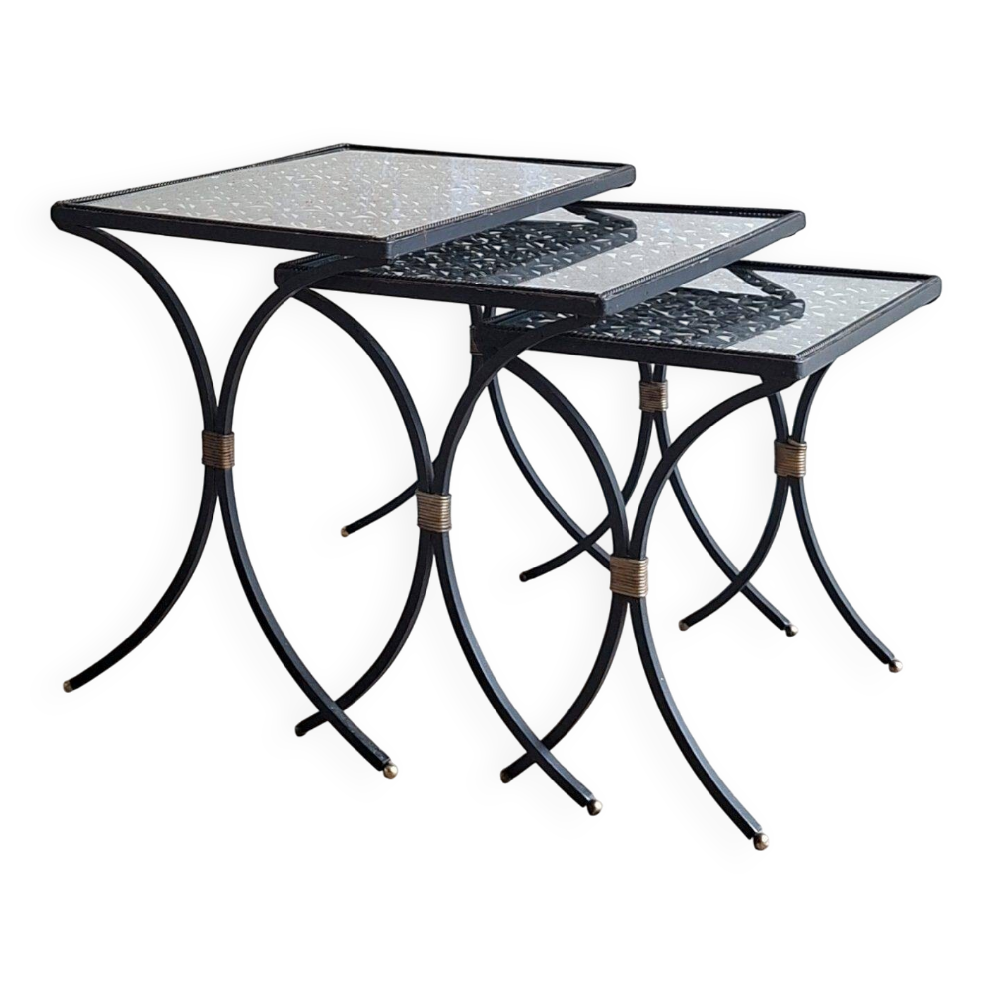 Set of 3 black wrought iron side tables with gold-coloured accents, 1950s