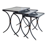 Set of 3 black wrought iron side tables with gold-coloured accents, 1950s