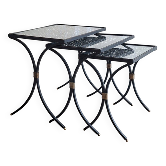 Set of 3 black wrought iron side tables with gold-coloured accents, 1950s