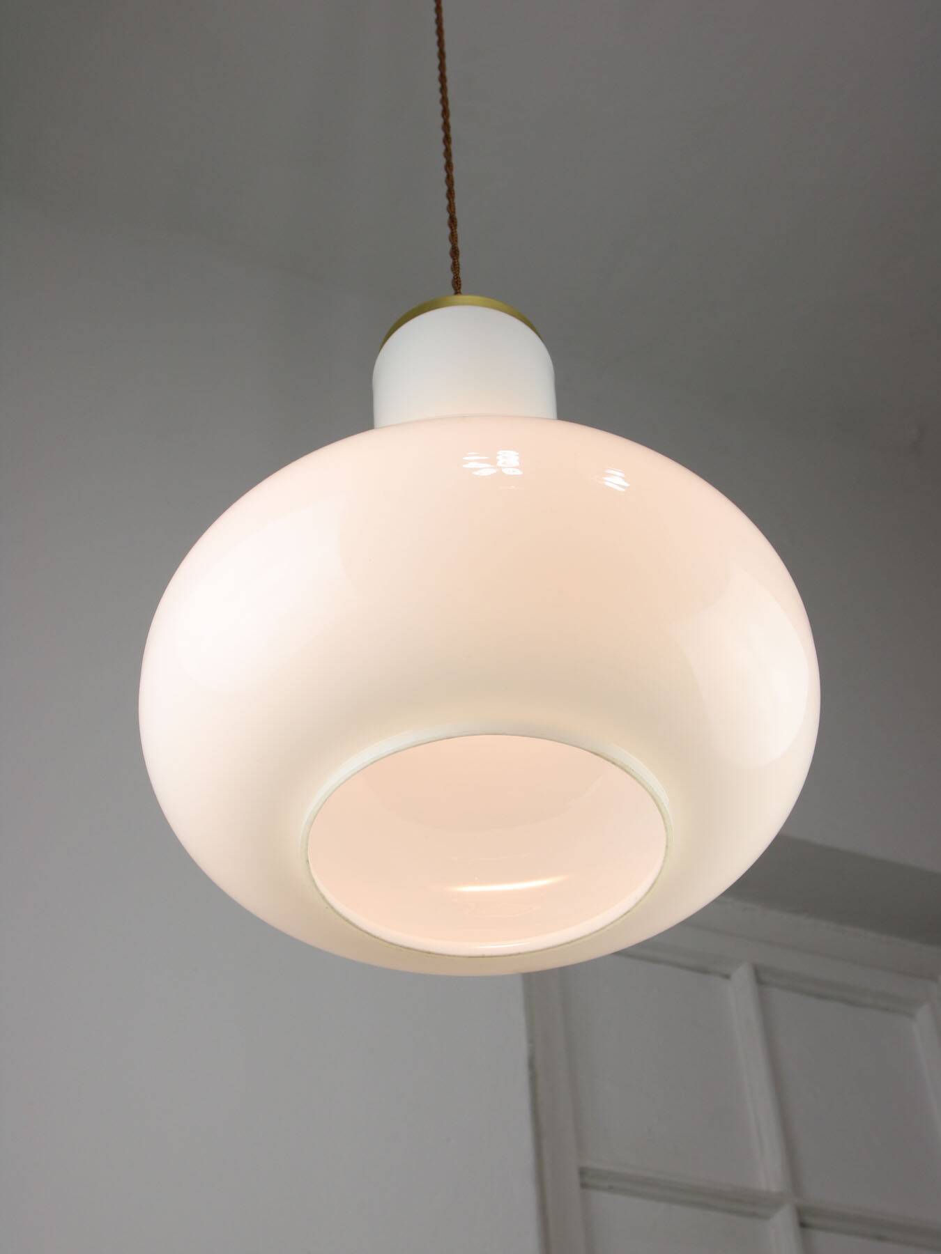 Big mid-century italian brass and opaline glass pendant lamp