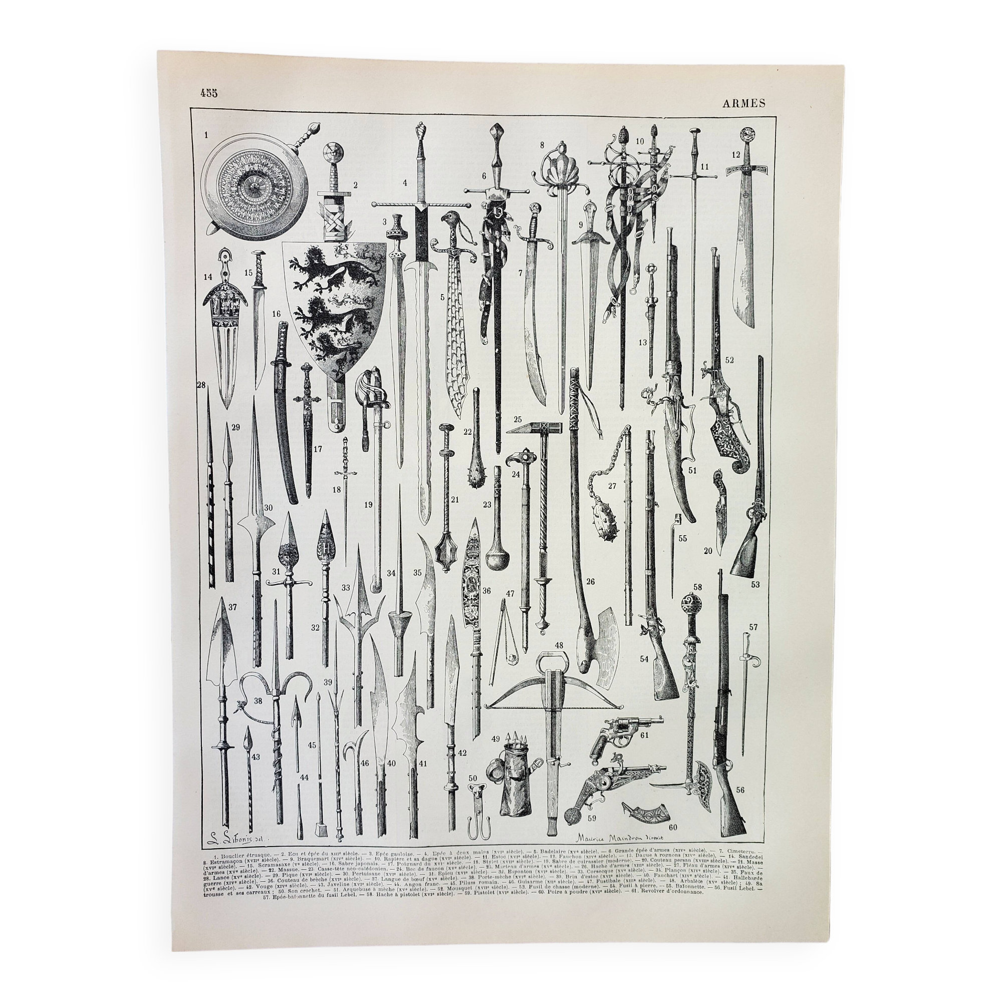 Old lithograph 1898, Ancient weapons, sword, pistol, knife • Engraving, Original plate