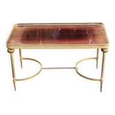 70s Neoclassical Style Coffee Table in Gilded Brass with Mahogany Veneer Top