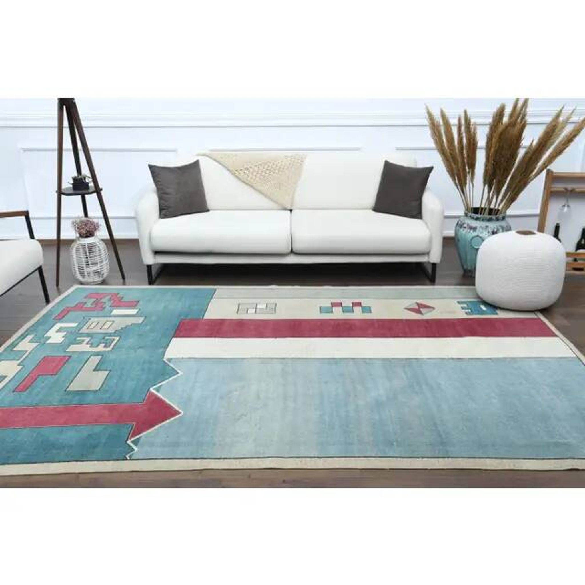 Vintage Turkish Oushak handmade wool cotton blue area rug 204x304
