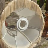 bedside lamp, small turned wooden foot and ecru pagoda lampshade with stripe and fringes