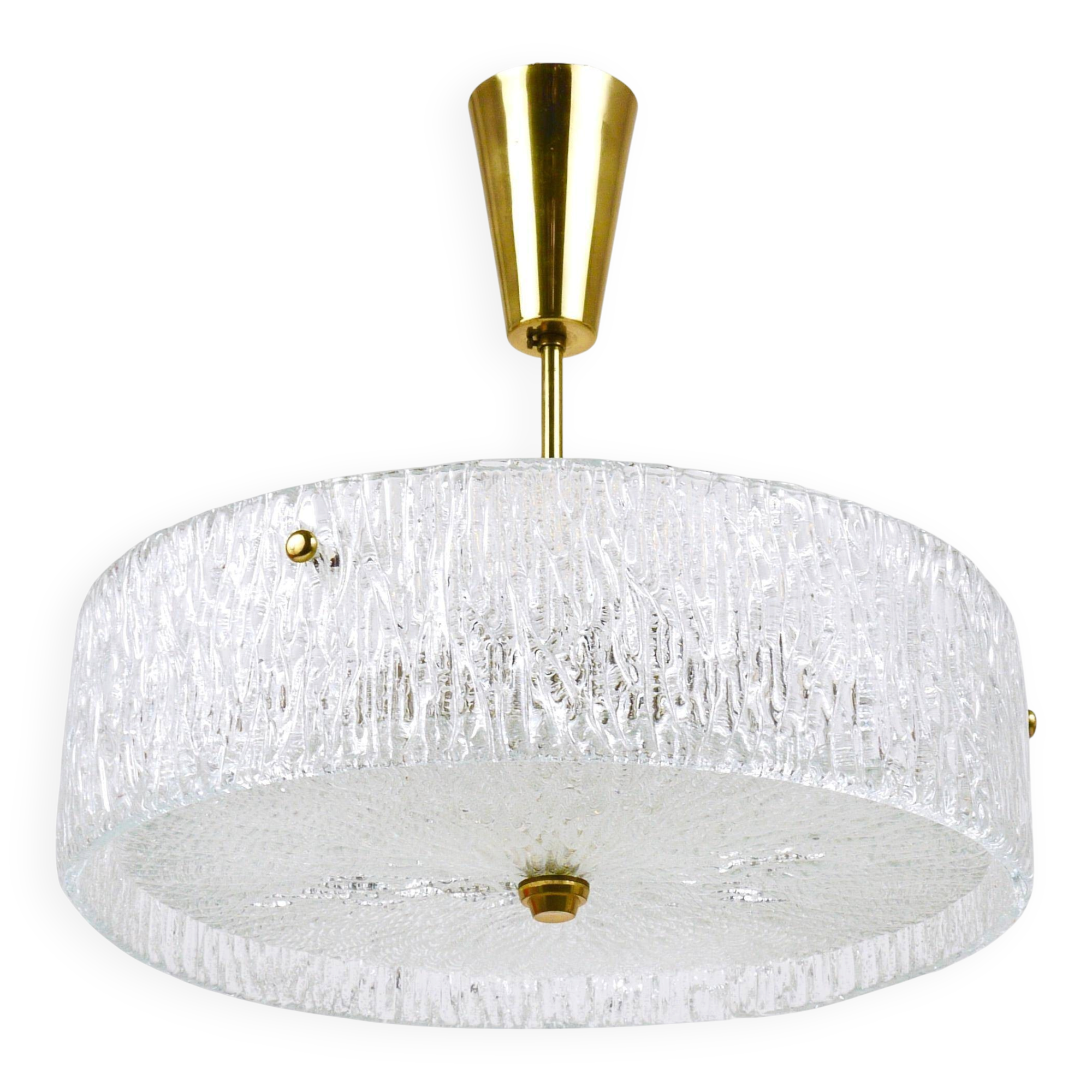 J.T. Kalmar Lustre pendant light in brass and textured glass, 1950s