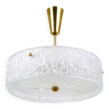 J.T. Kalmar Lustre pendentif en laiton et verre texturé rond, années 1950