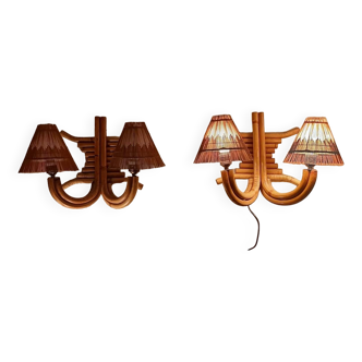 Pair Of Bamboo And Rattan Sconces Louis Sognot 1950, 1960