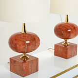 Pair of lamps in red travertine and brass 1970