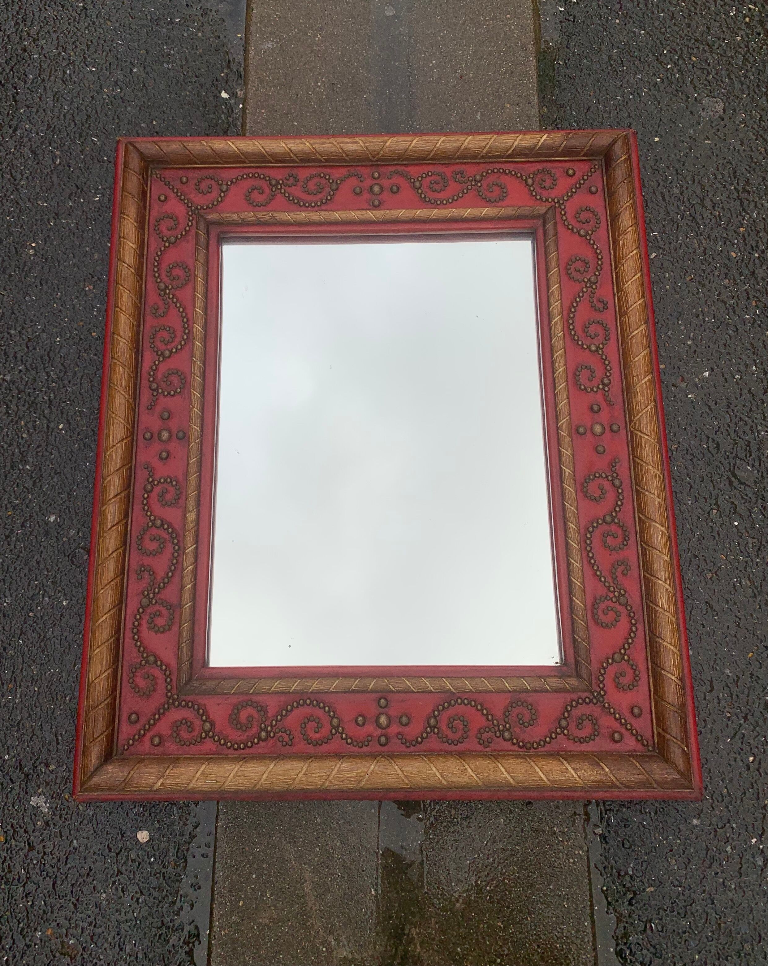 1950 wood and red leather studded mirror