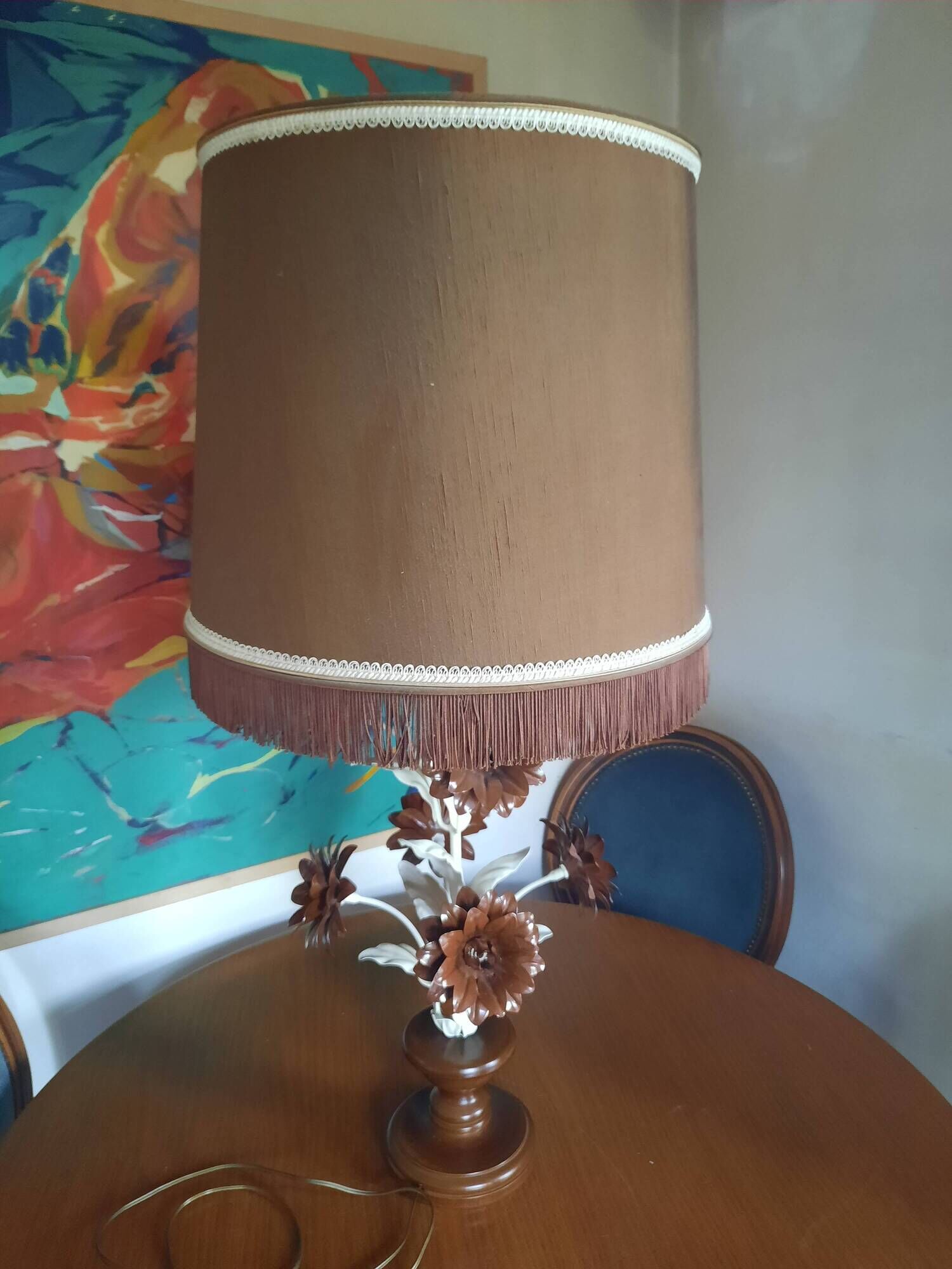 Large lamp from the 70s-80s with a silk shade.
