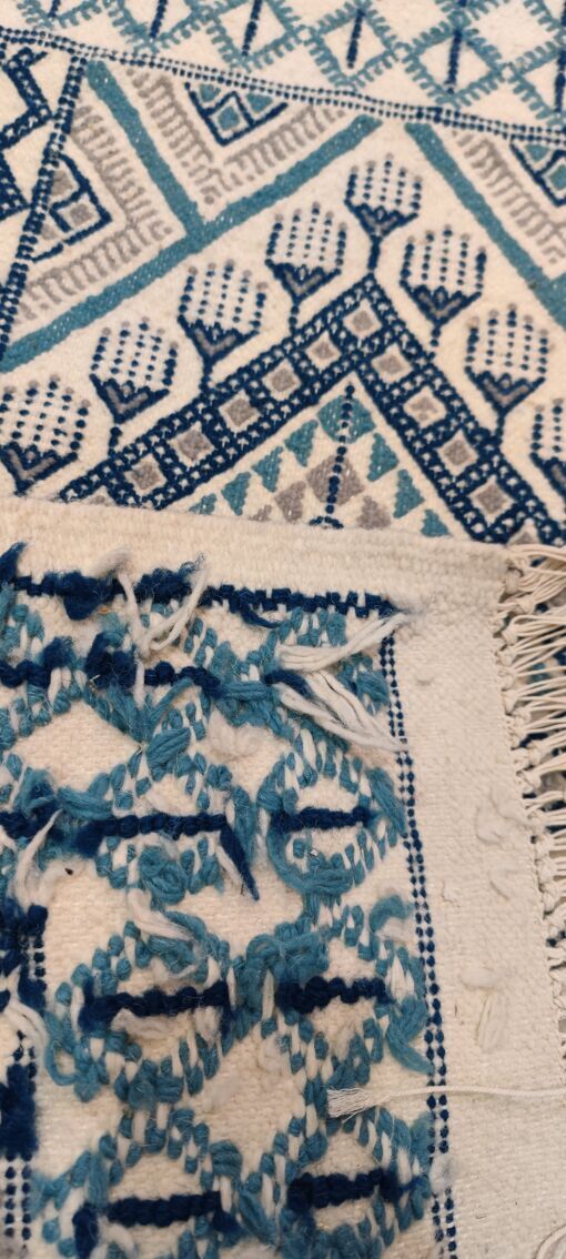 Traditional handmade white blue and gray margoum carpet