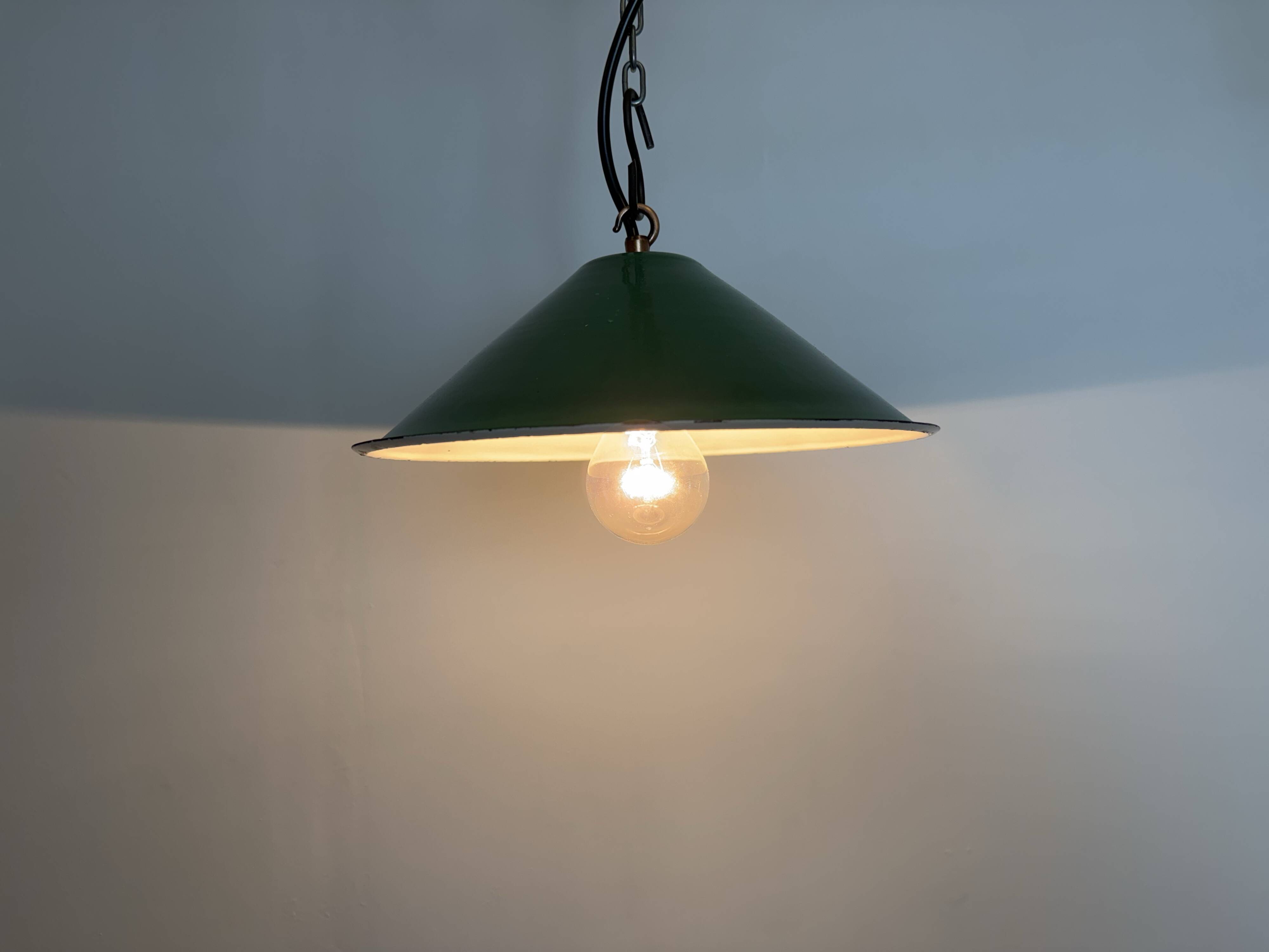 Industrial British Green Enamel Factory Pendant Lamp, 1950s
