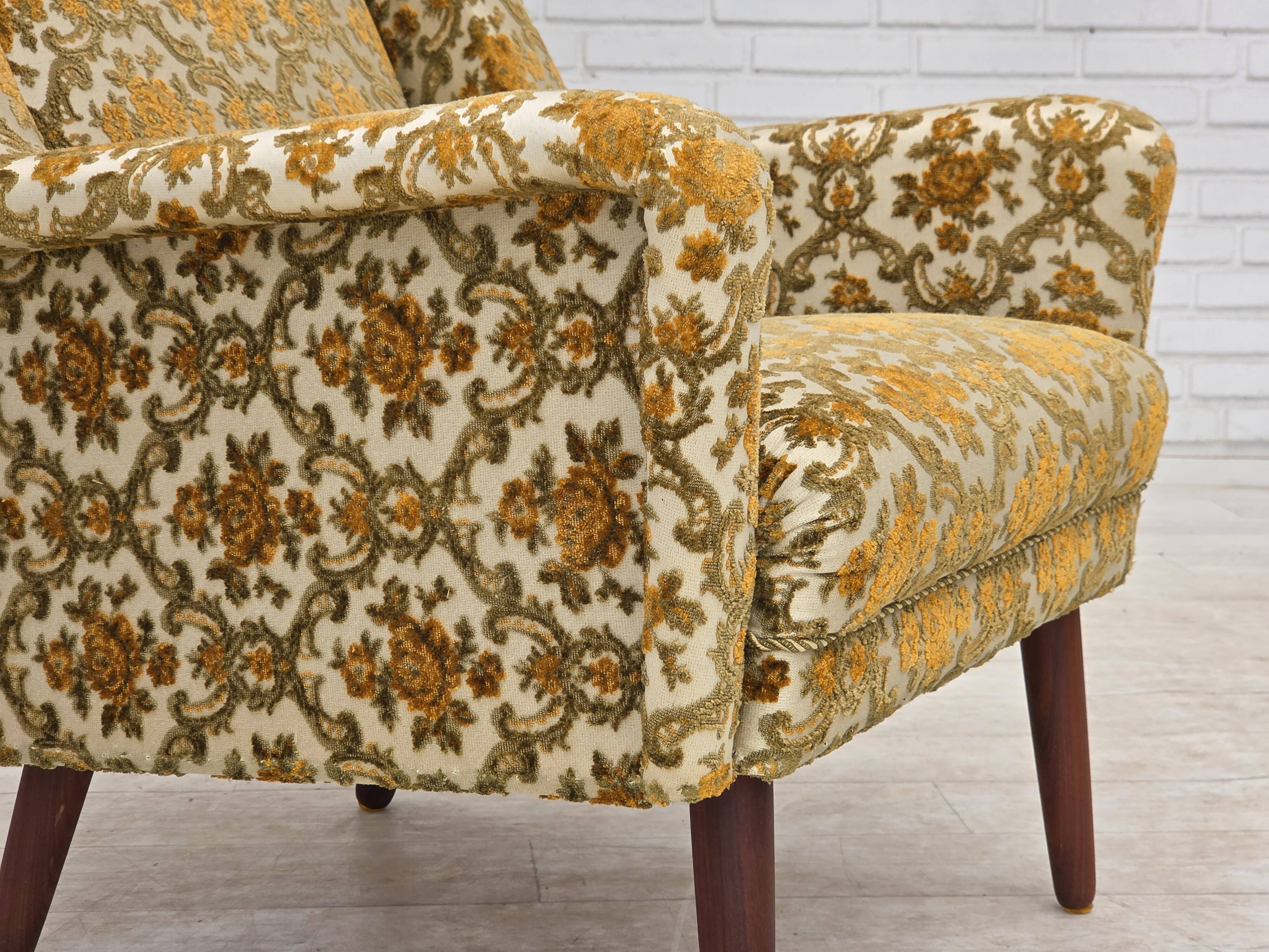 1970s, Danish highback armchair, Brown/beige furniture fabric, teak wood.