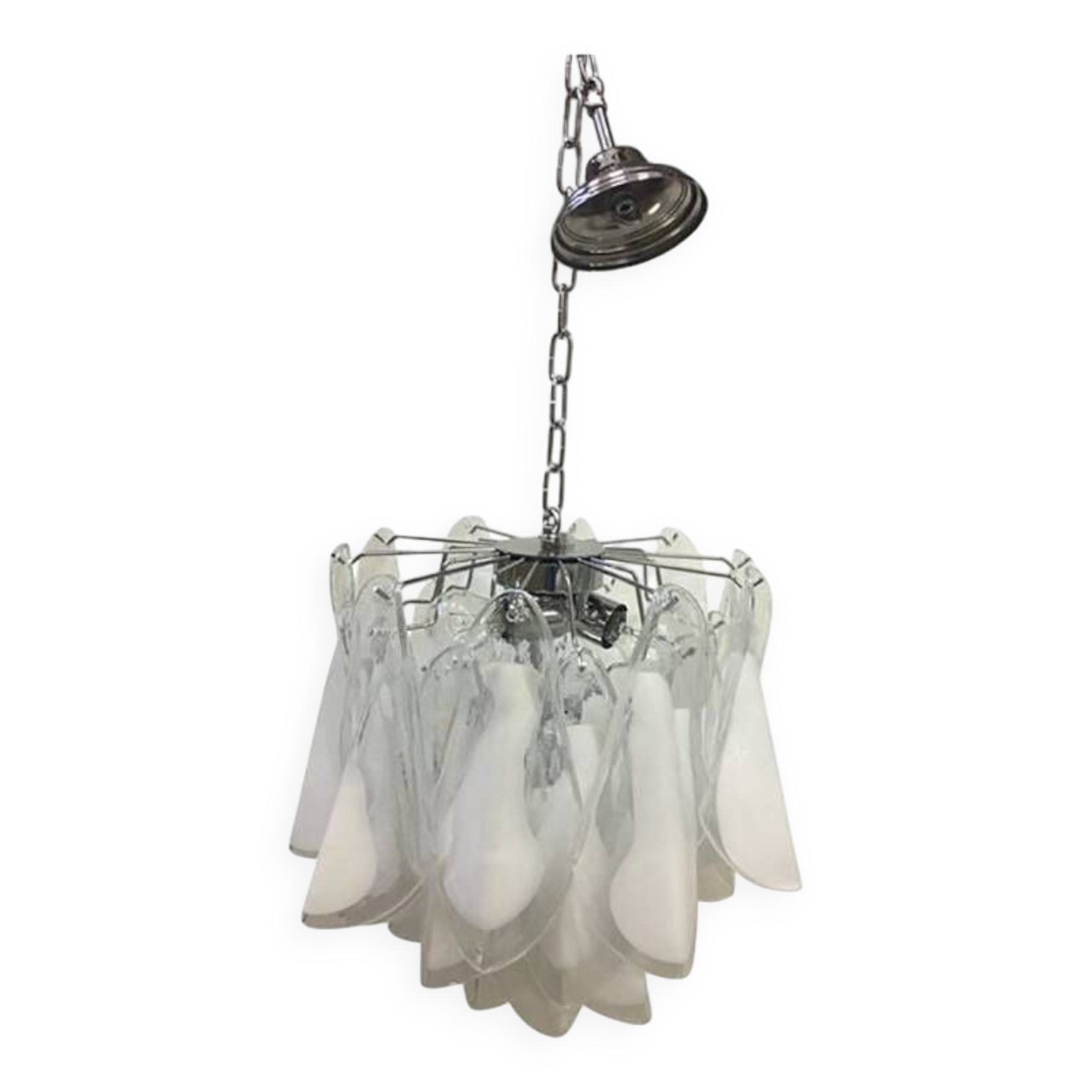 Italian White and Transparent Murano Glass Chrome Metal Frame Chandelier Sputnik