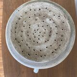 Old pot, sandstone, blue flower decoration