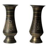 Pair of two small chiseled metal vases H15.5 D6.5