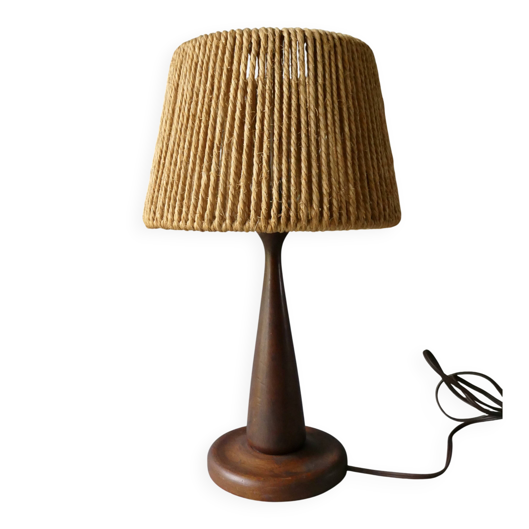 Teak lamp with a rope shade, around 1950.