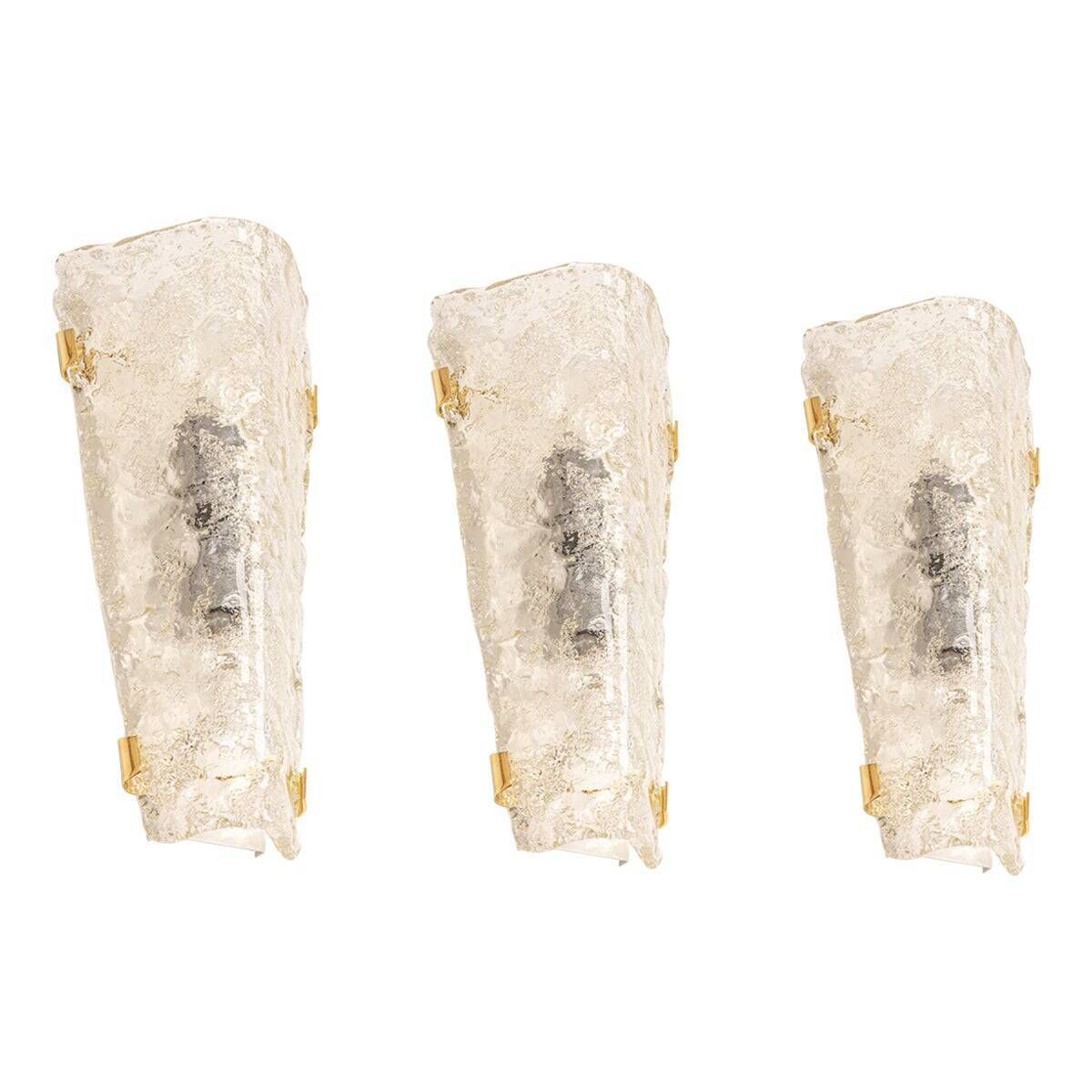 Set of 3 large angular wall sconces in Murano glass by Hillebrand, Germany, 1960s.
