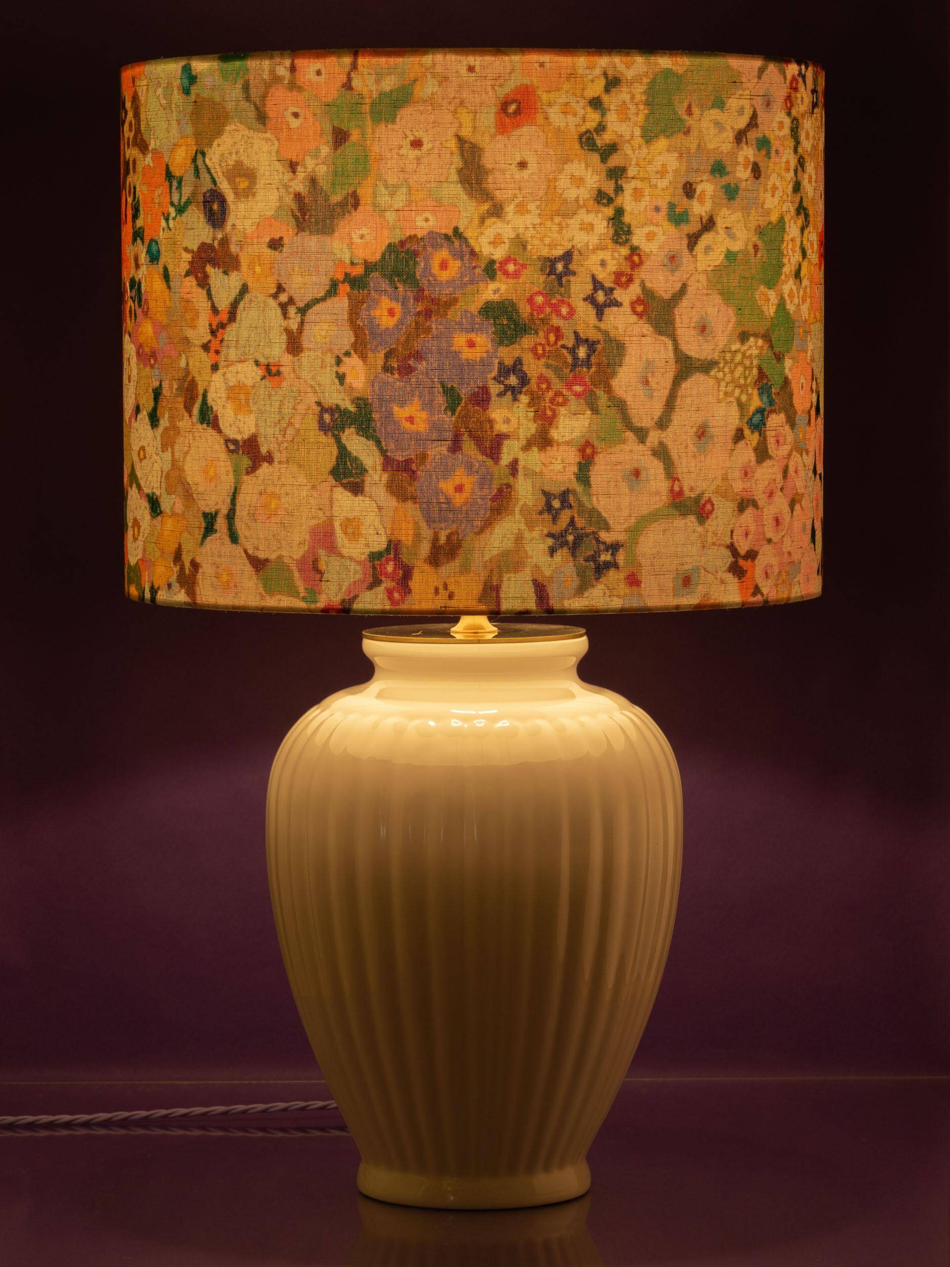Large floral maximalist table lamp with a Delft ceramic base and new lampshade.