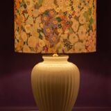 Large floral maximalist table lamp with a Delft ceramic base and new lampshade.