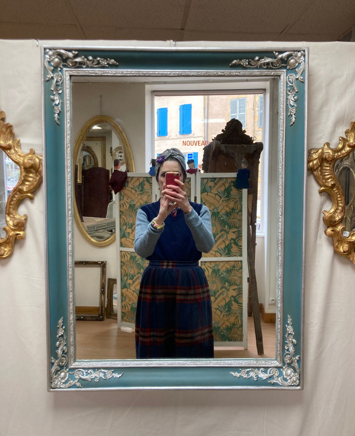 Old mirror silver and blue 79x60cm