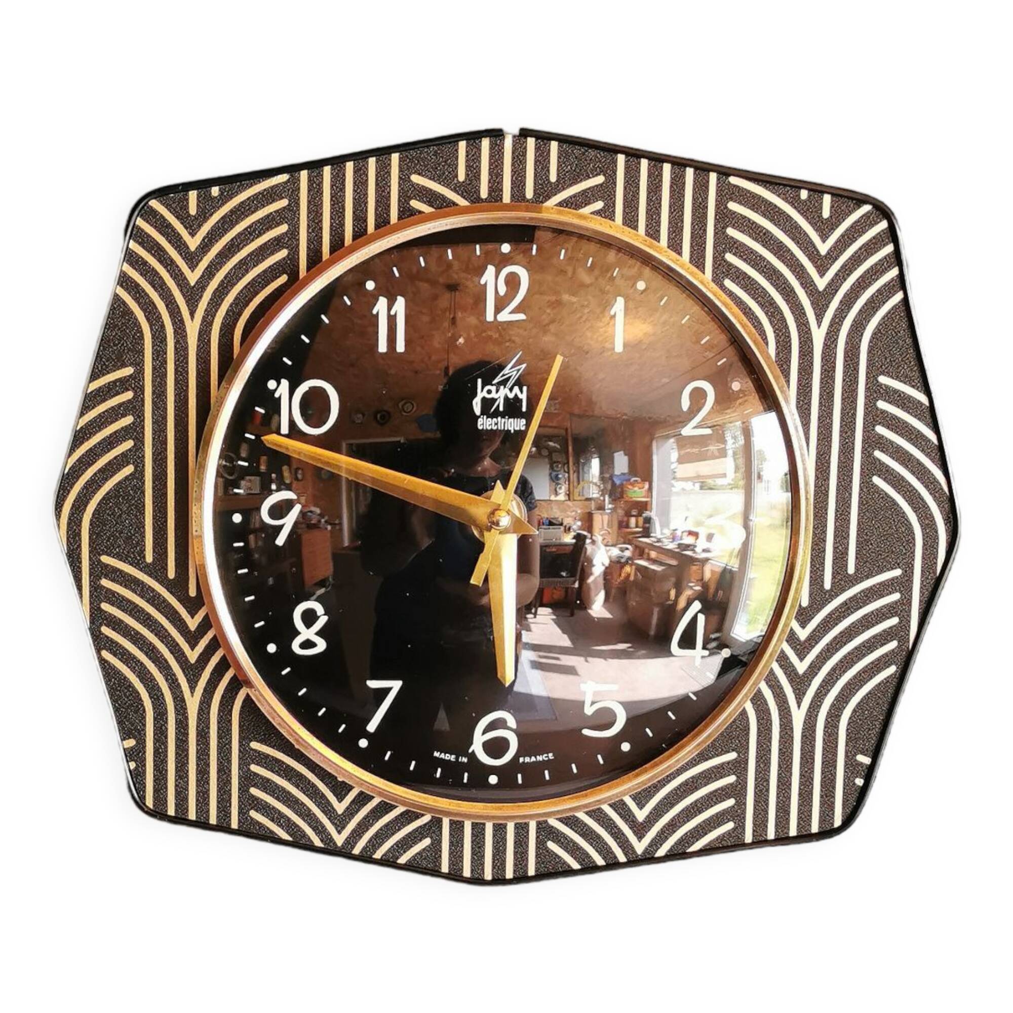 Vintage clock silent wall clock 60s "Golden Black Electric Japy"