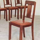 Set of 6 Art Deco chairs in Oak and Walnut with camel leather.
