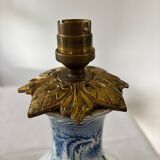 19th-century blue grand feu faience lamp, tripod bronze, fringed lampshade.