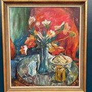 Original Scandinavian Oil On Panel – Unknown Artist – “Vase” – Vintage & Framed – 70 × 79 Cm