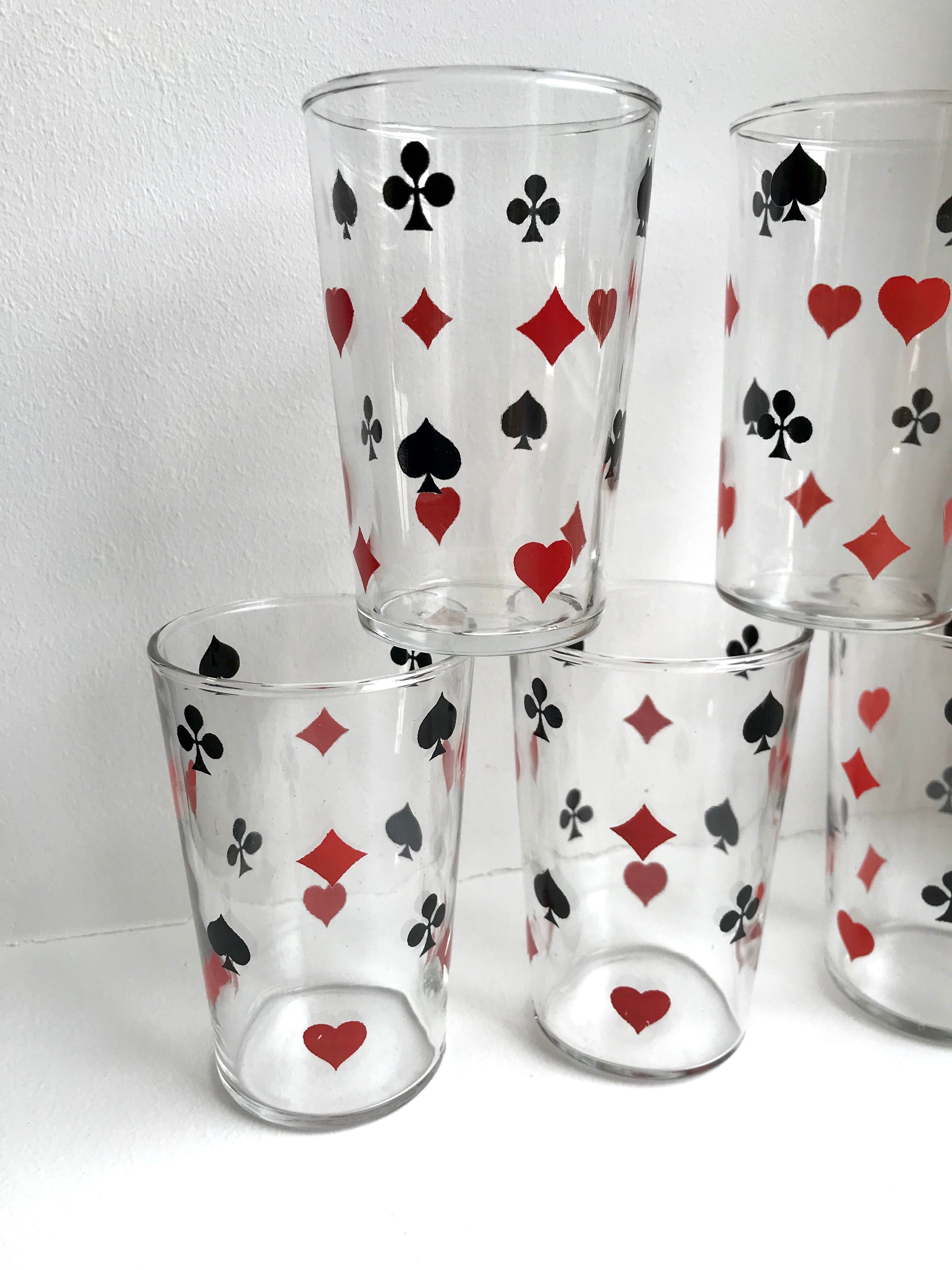 Set of 5 silkscreened water glasses "card game" vintage years 60s-70s
