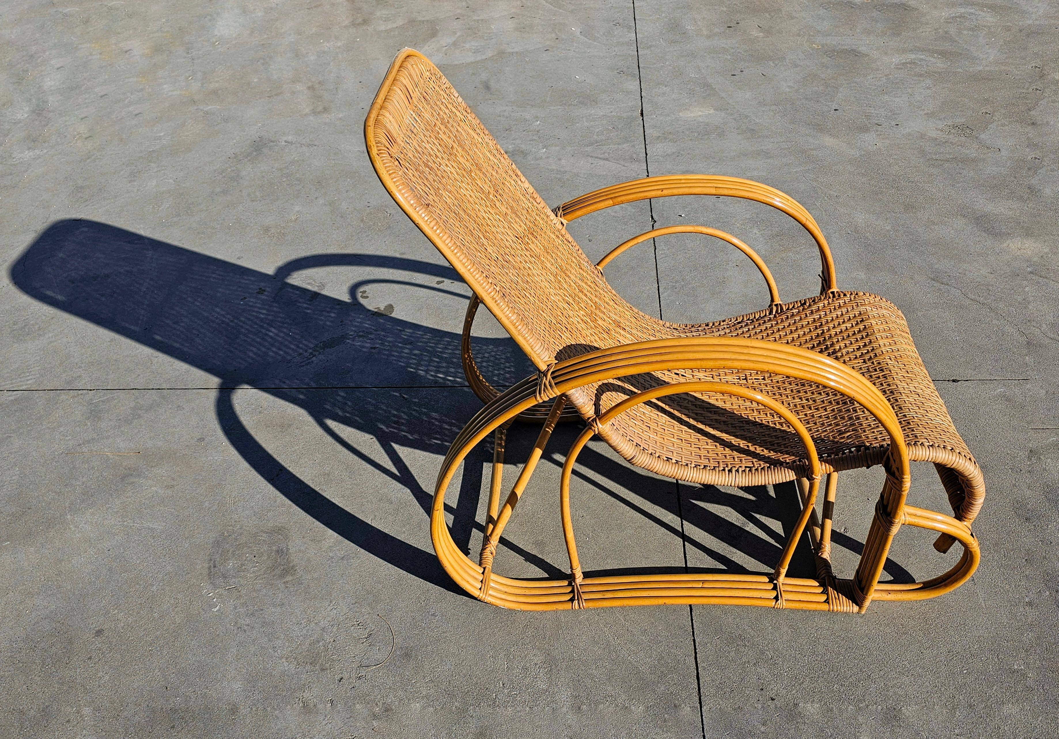 Paire de chaises longues XXL Mid Century Modern en bambou et rotin