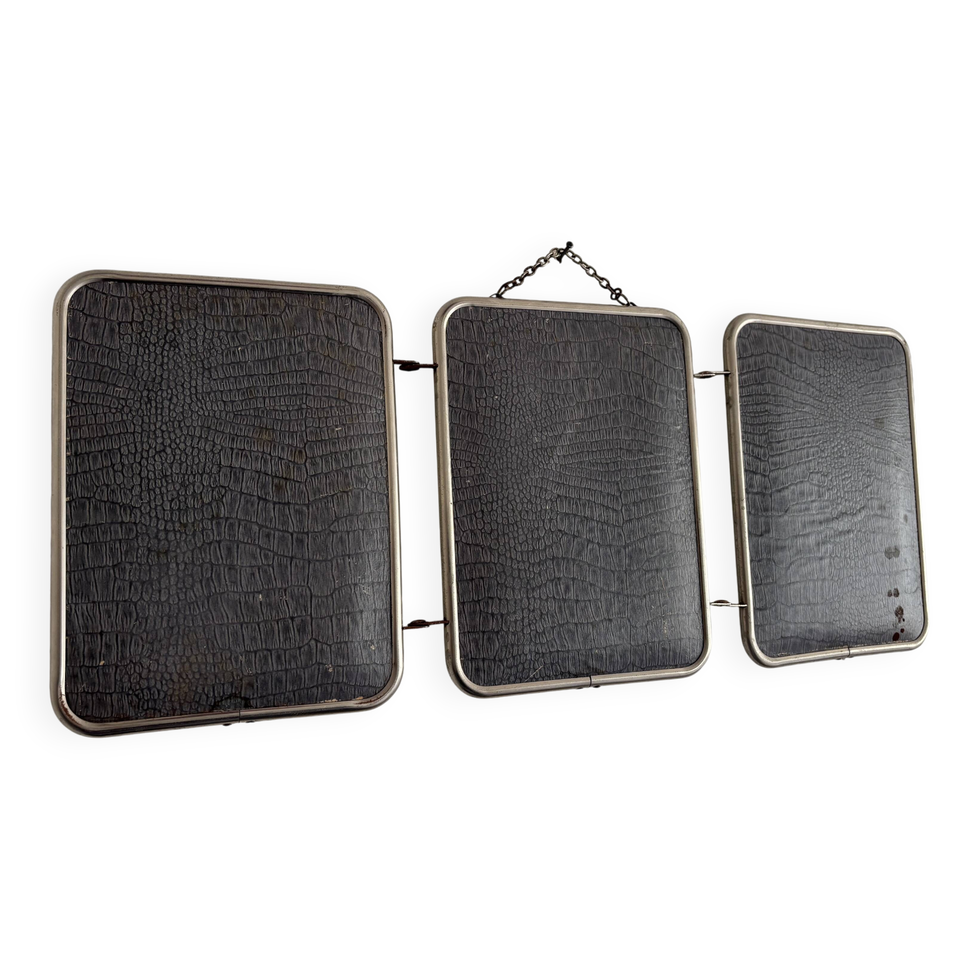 Vintage 1960s triptych mirror barber blue crocodile effect - 20 x
