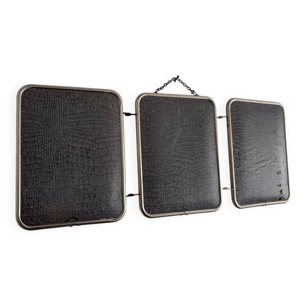 Miroir vintage 1960 triptyque barbier simili crocodile bleu barbeau - 20 x