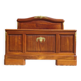 Lit ancien en acajou massif, ornements en bronze, 140/190 cm