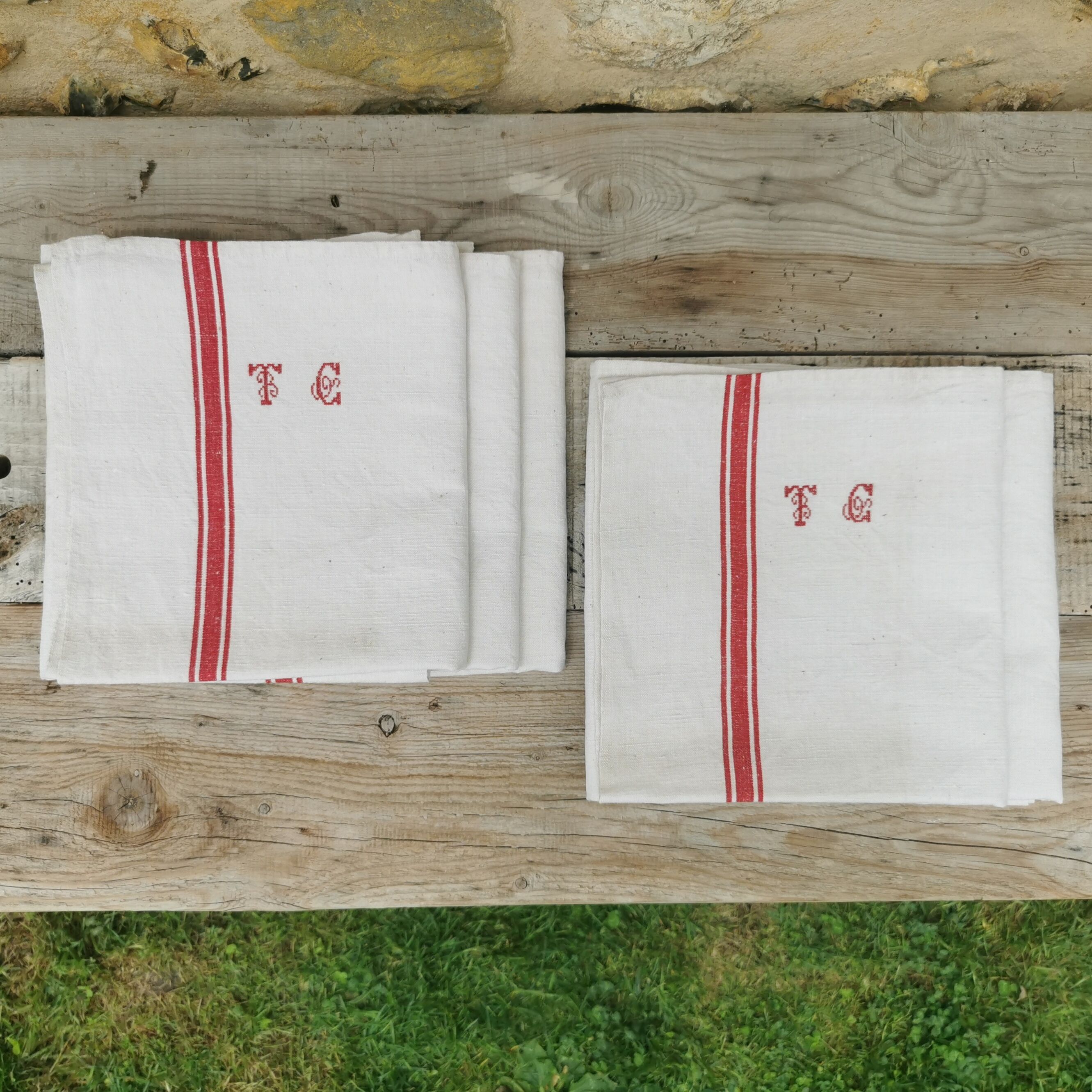 5 old monogrammed tea towels