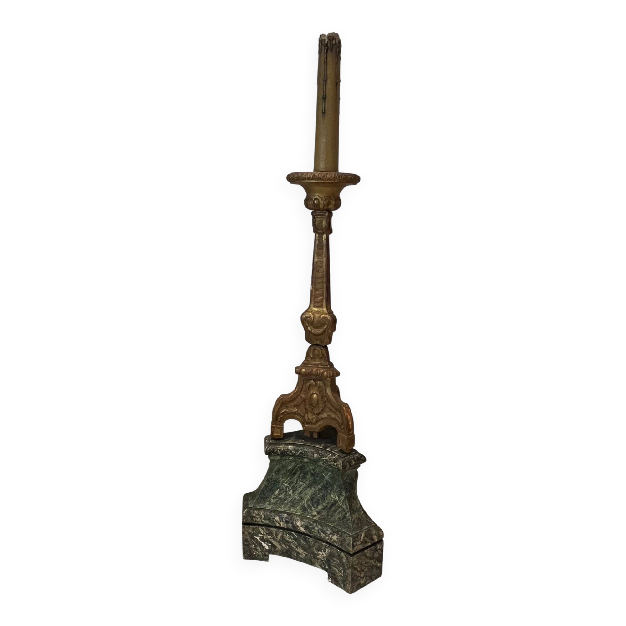 Large Gilded Carved Wooden Candelabrum on Patinated Base, French Work, v