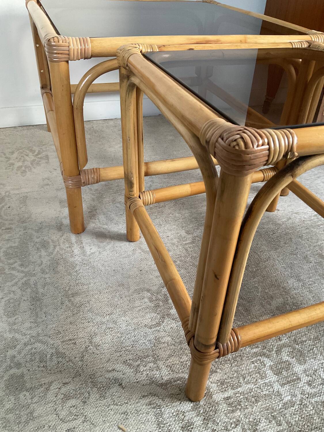 Duo of vintage rattan coffee tables from the 60s-70s