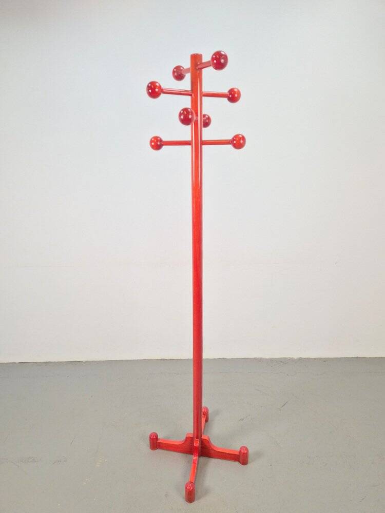 Postmodern Red Stained Beech Coat Rack with Balls, Italy, 1970s
