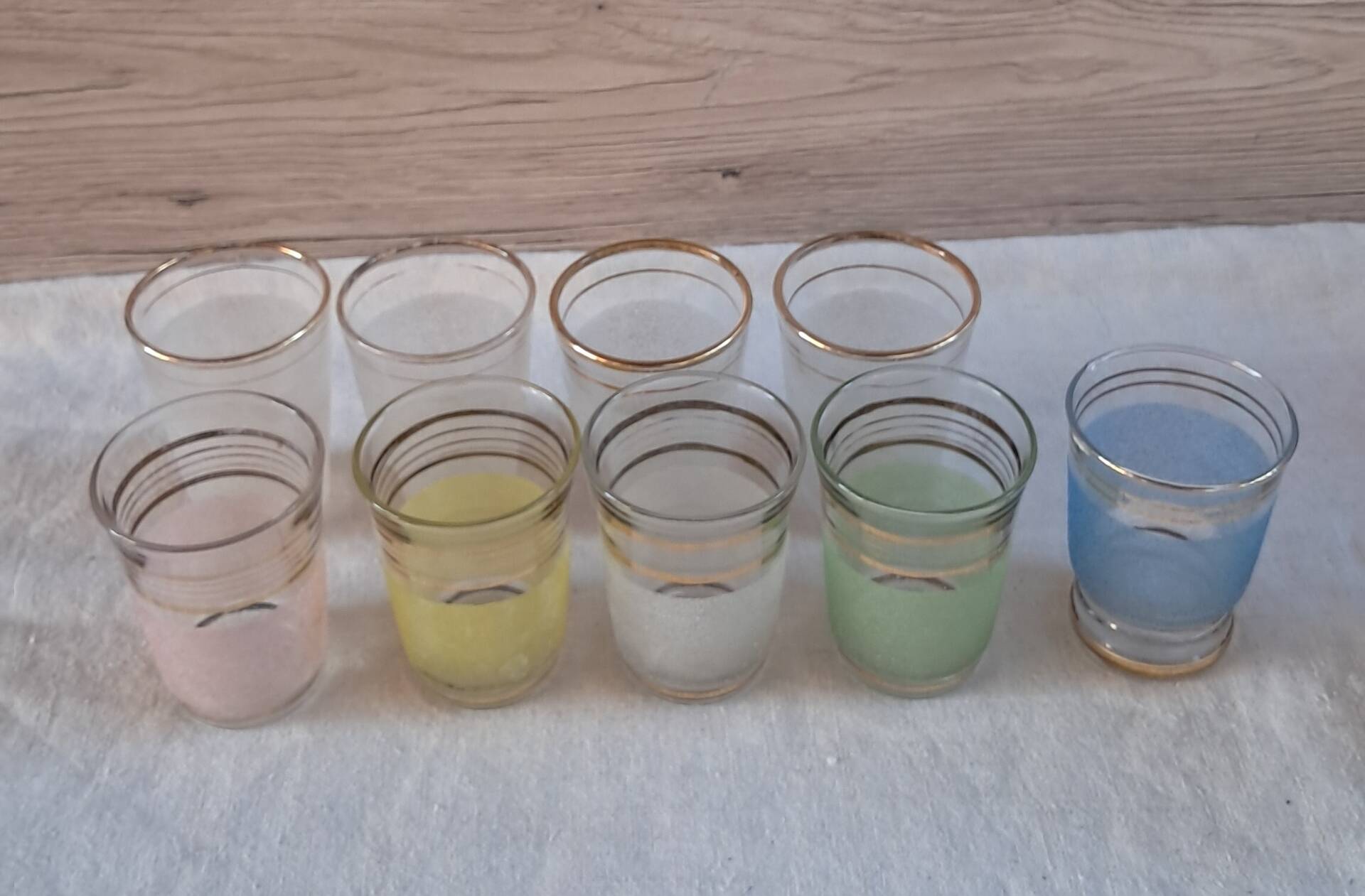 Vintage liqueur service from the 50s/60s — Decanter, 9 pastel glasses & tray
