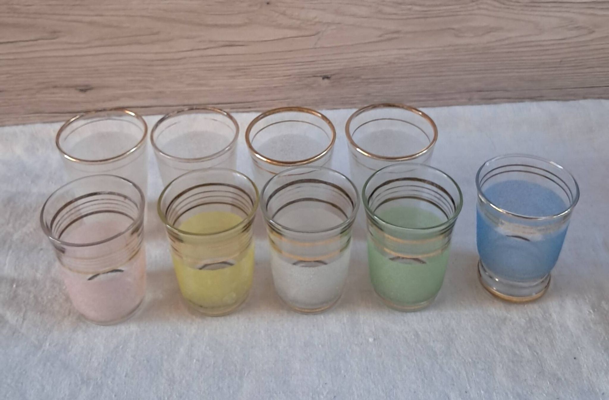 Vintage liqueur service from the 50s/60s — Decanter, 9 pastel glasses & tray