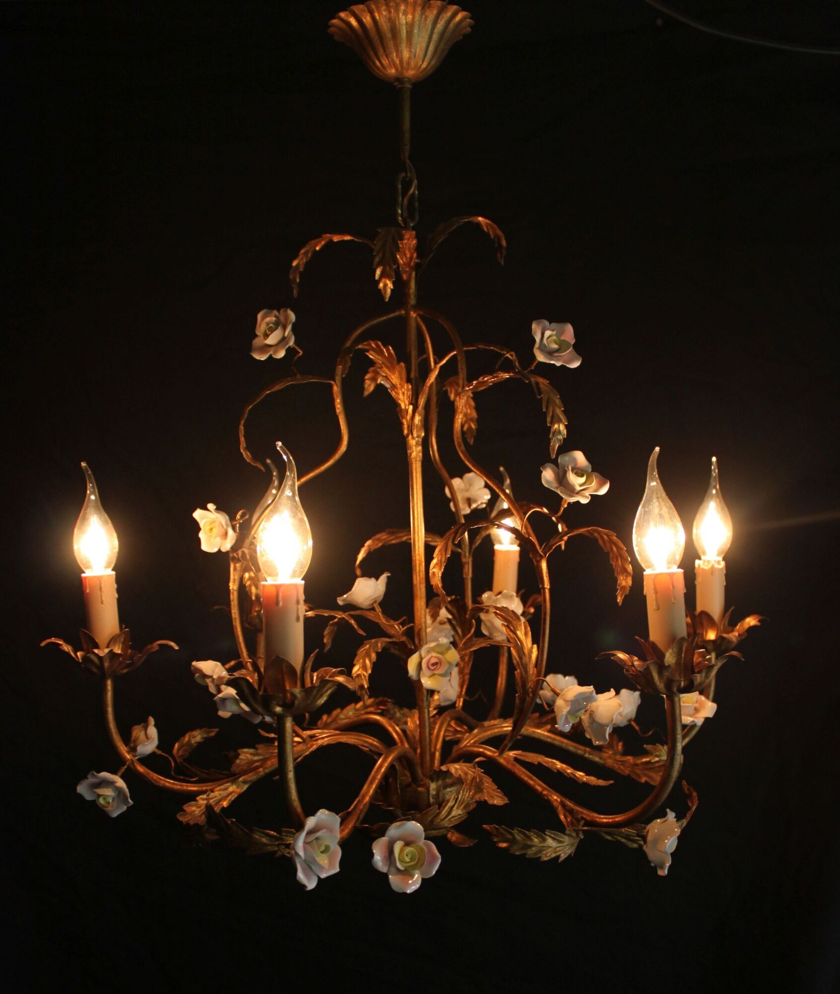 Golden metal chandelier with porcelain flowers, 50's