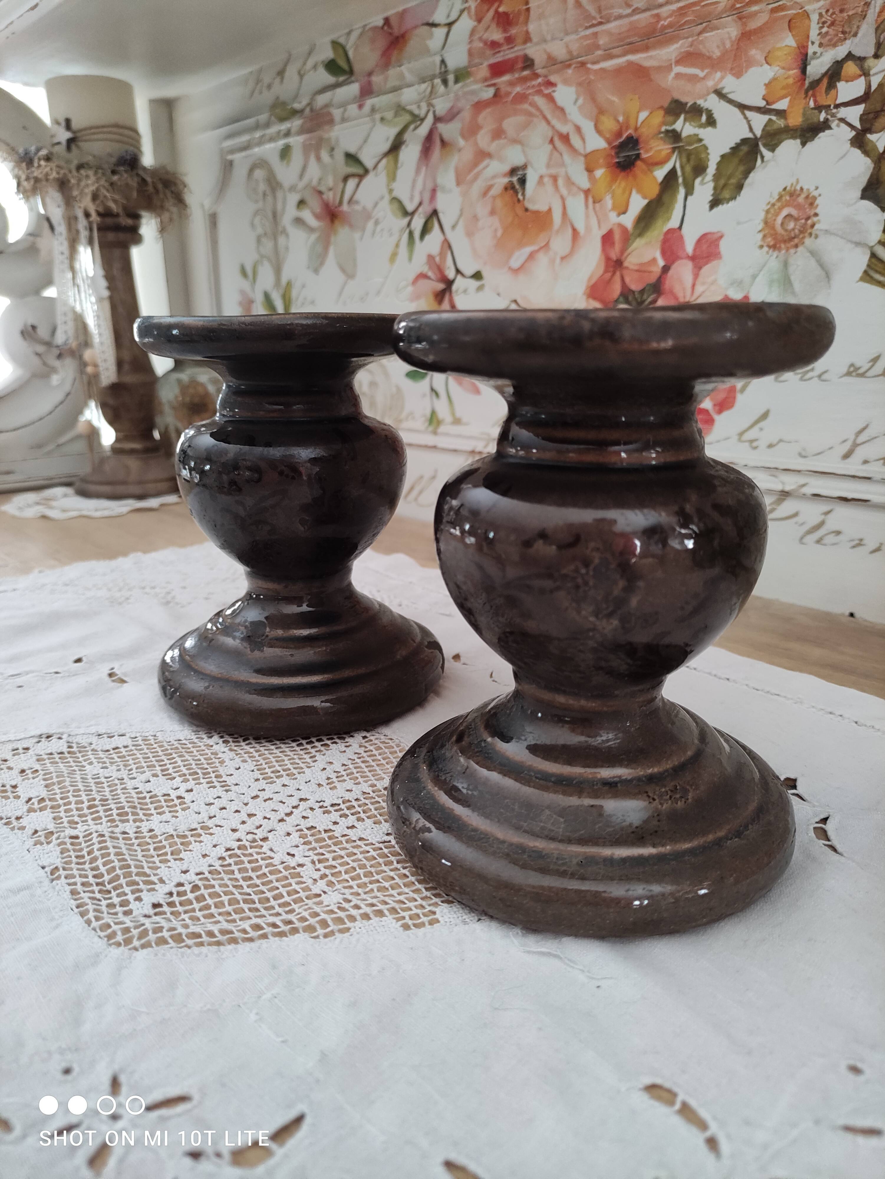 Set of 2 candle holders in brown enamelled terracotta decoration floral pattern tone on tone