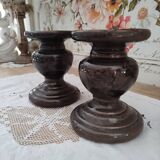Set of 2 candle holders in brown enamelled terracotta decoration floral pattern tone on tone